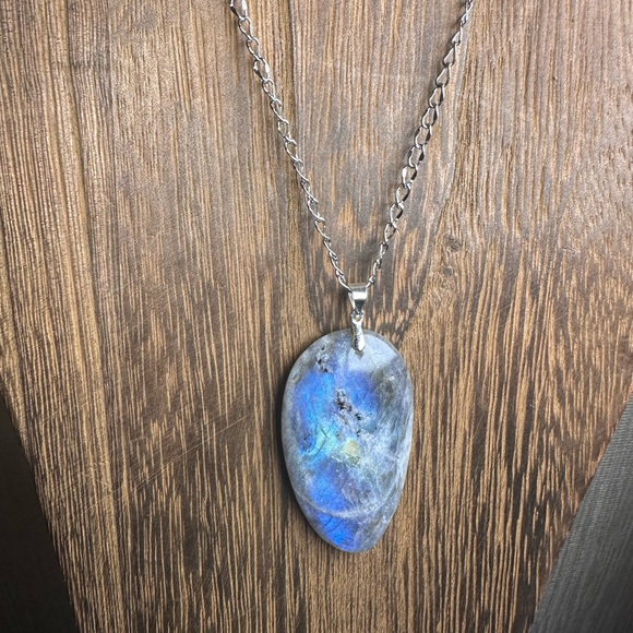 Labradorite Teardrop Pendant Necklace - Long Stainless Steel Chain - Blue Flash - Picture 9 of 13